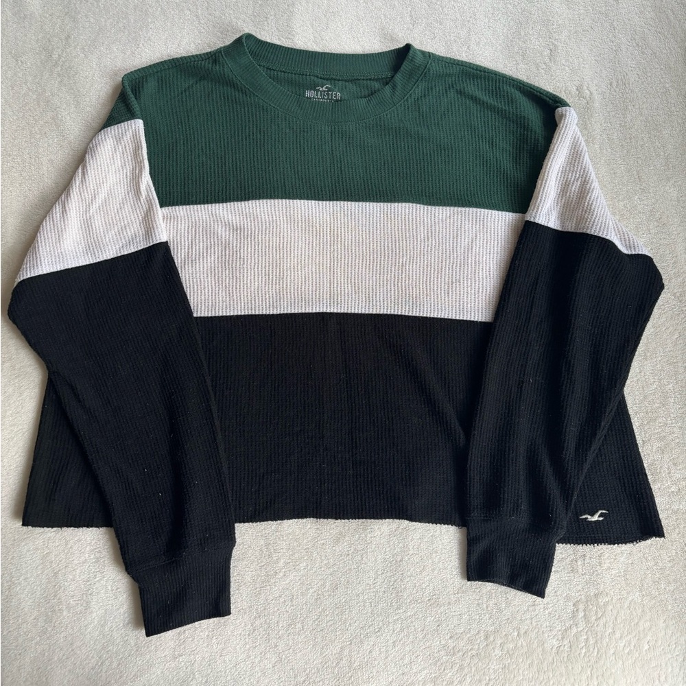 Hollister Women's Striped Sweater - Forest Green, White, and Black